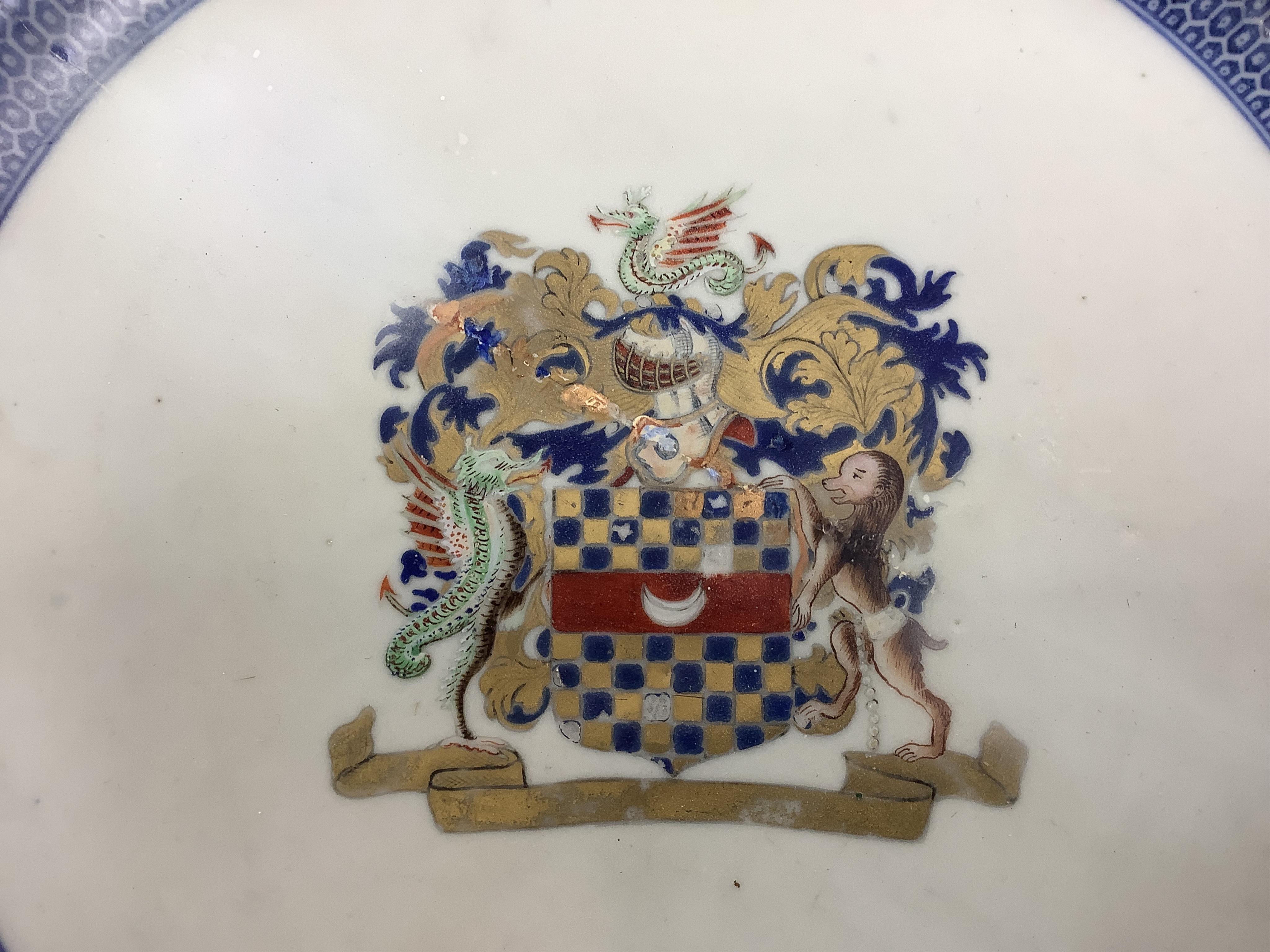 Two 18th century Chinese armorial dishes with arms of Way and Clifford, largest 35cm. Condition - both restored